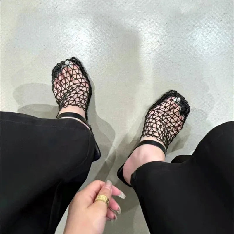 Hollow Out Mesh Square Toe Mules Slippers