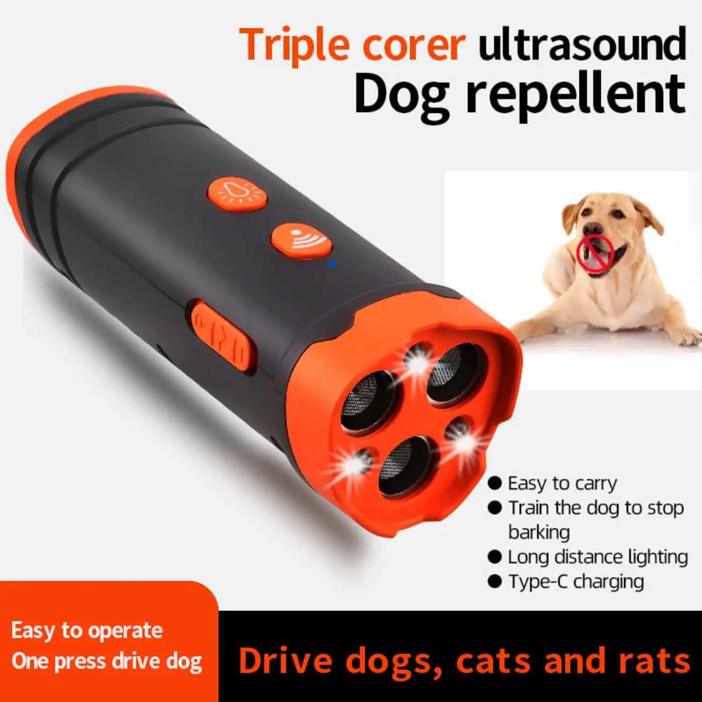 Ultrasonic Dog Repeller with LED Light Tri-core High Power