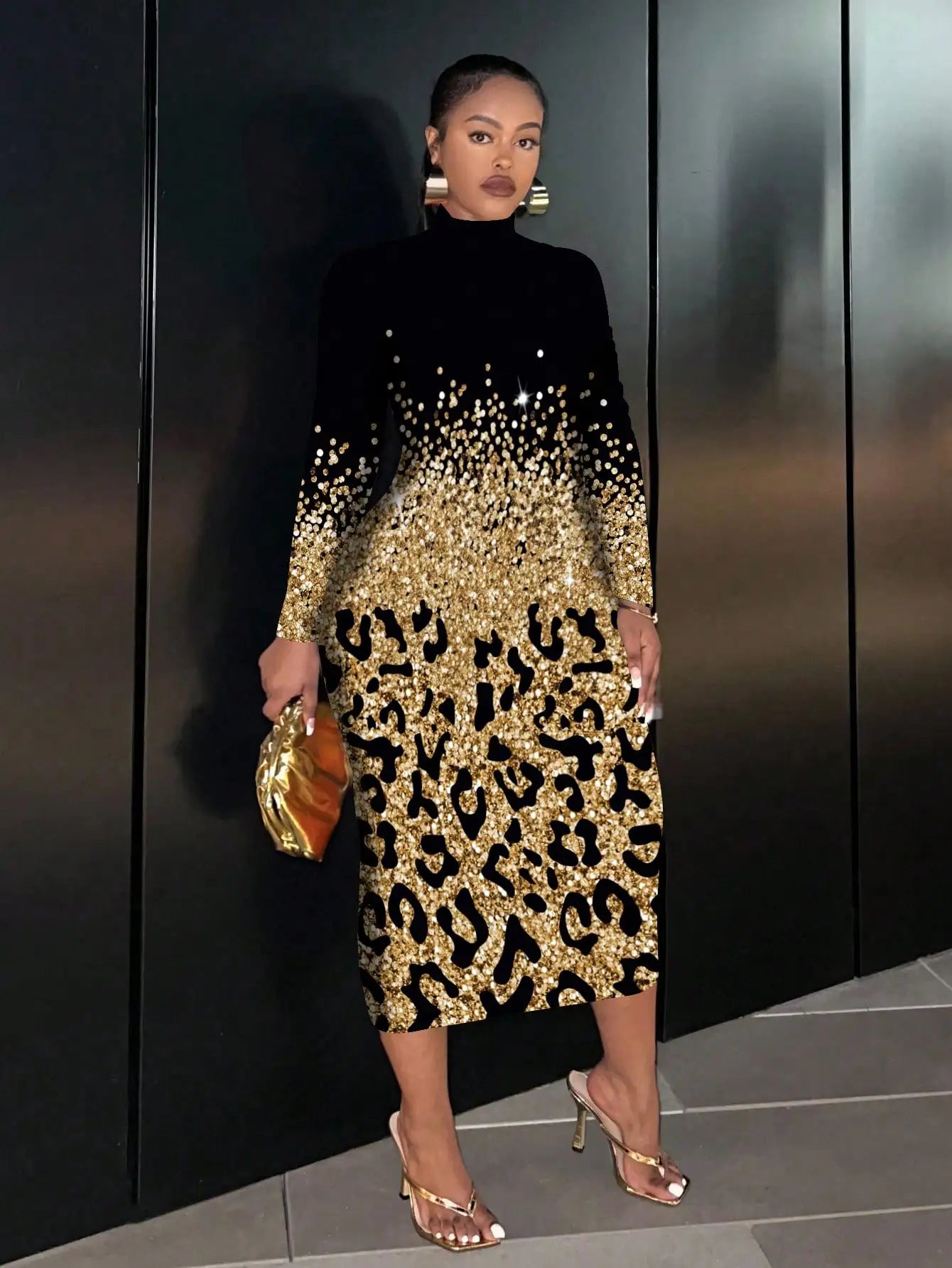 Plus Size Leopard Print Sequin Long Sleeve Dress