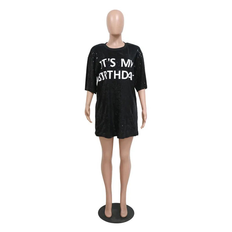 It's My Birthday Letter Print Glitter Sequins Party Dress