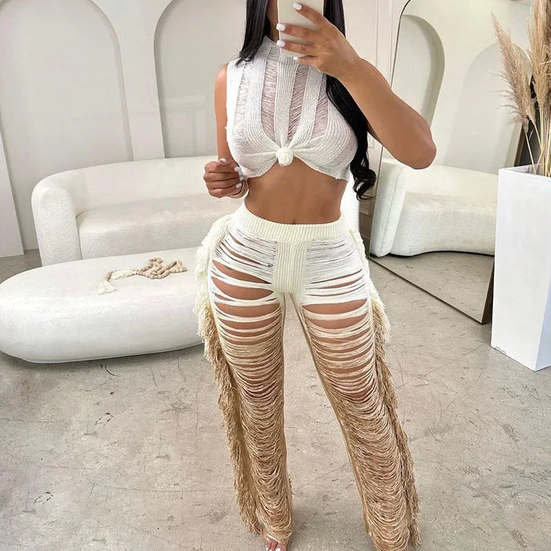 Gradient Color Crochet Two Piece Crop Top and Wide Leg Pants
