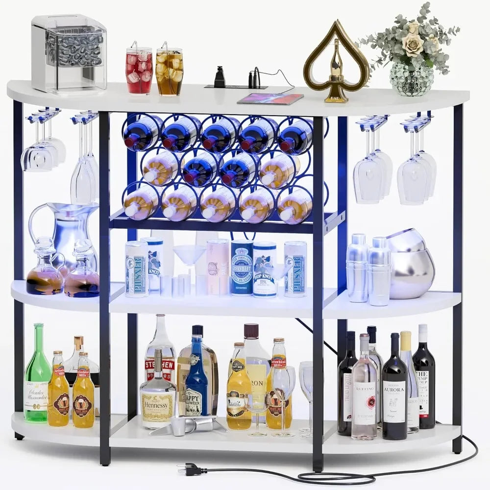 Bar Cabinet with Lights and Outlet 4-Tier Storage