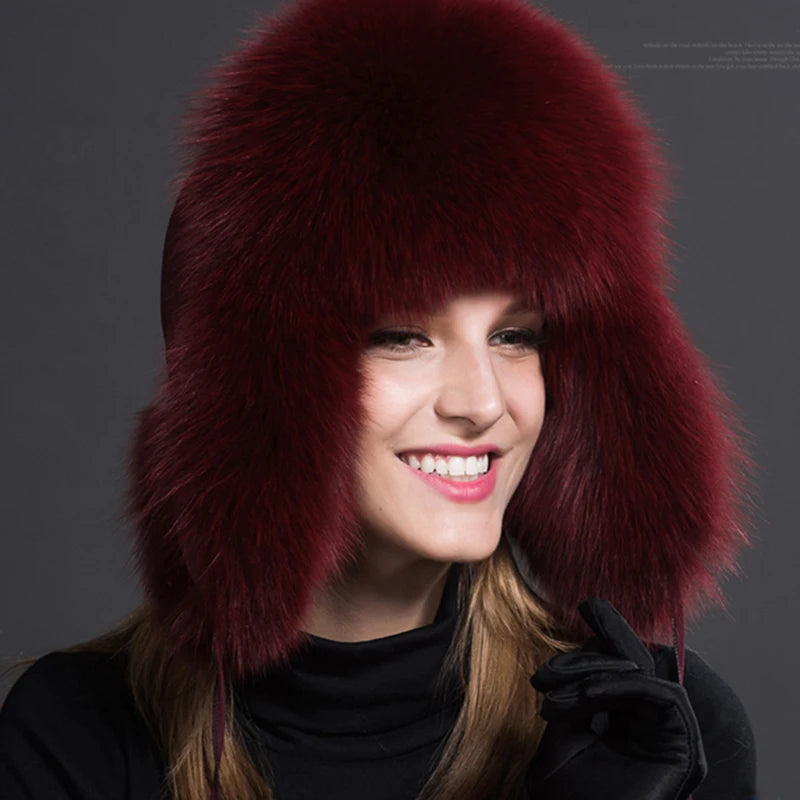 Women Fashion Bomber Pom Pom Real Fox Fur Cap