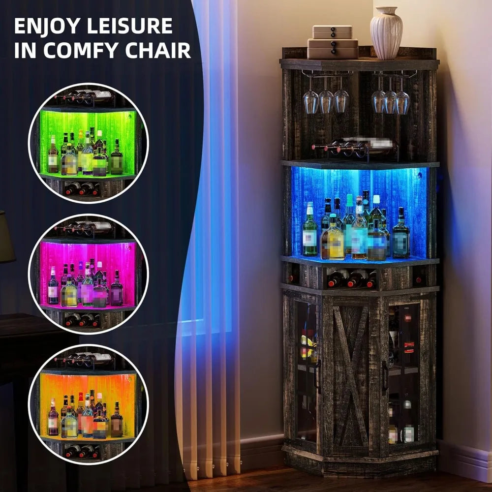 72" Farmhouse Corner Bar Cabinet with LED Lights & Glass Door