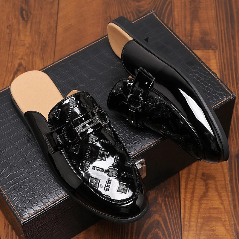 Designer Patent Leather Mens Mules Half Shoes