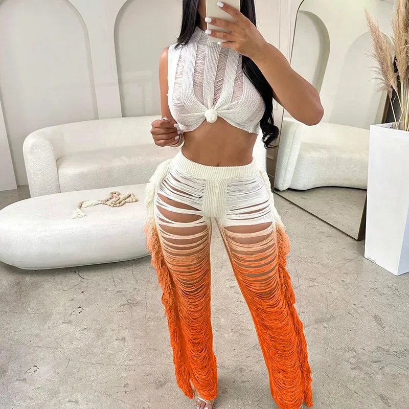 Gradient Color Crochet Two Piece Crop Top and Wide Leg Pants