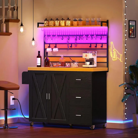Farmhouse Coffee Bar Cabinet with Power Outlet and LED, 53 Inch