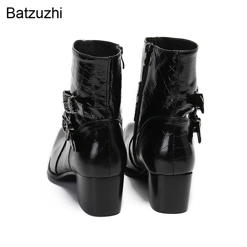 Handmade Pointed Toe Black Genuine Leather Boots with Buckles