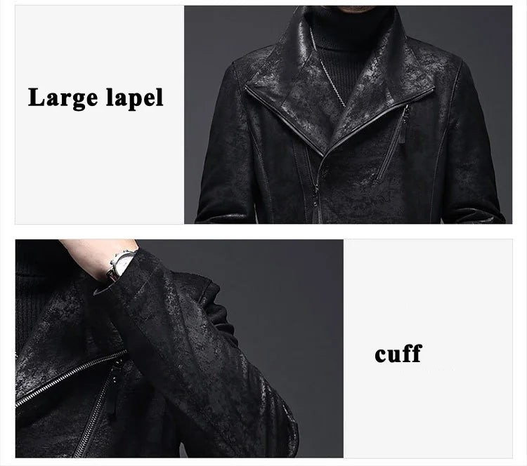 Genuine Leather Jacket Suede Printed Large Lapel