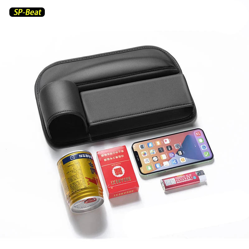Leather car seat side storage box with cup holder