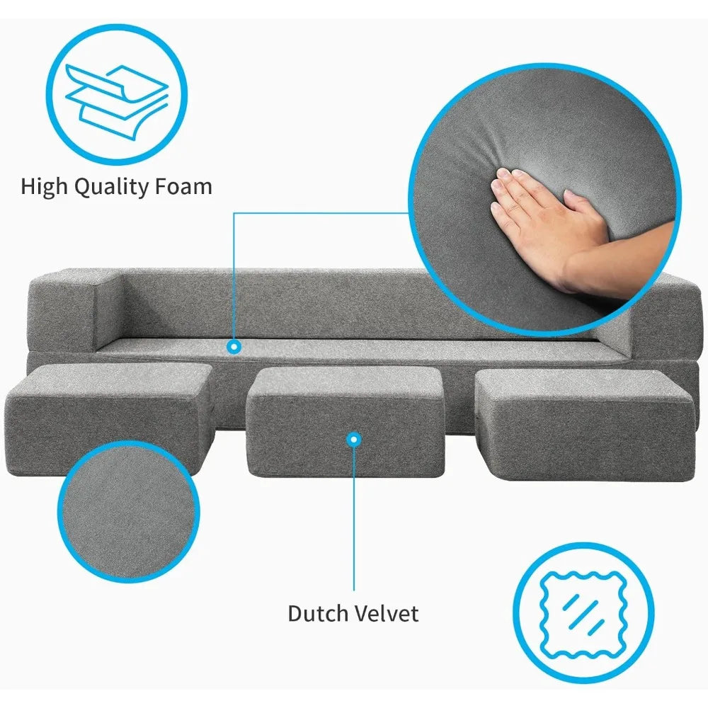 Futon Sofa Bed Queen Convertible with 3 Ottomans Memory Foam