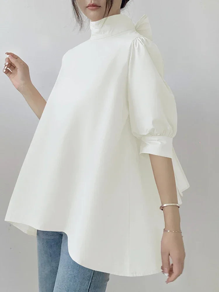 Lantern Sleeve Women Blouses Solid Bow Japan Style