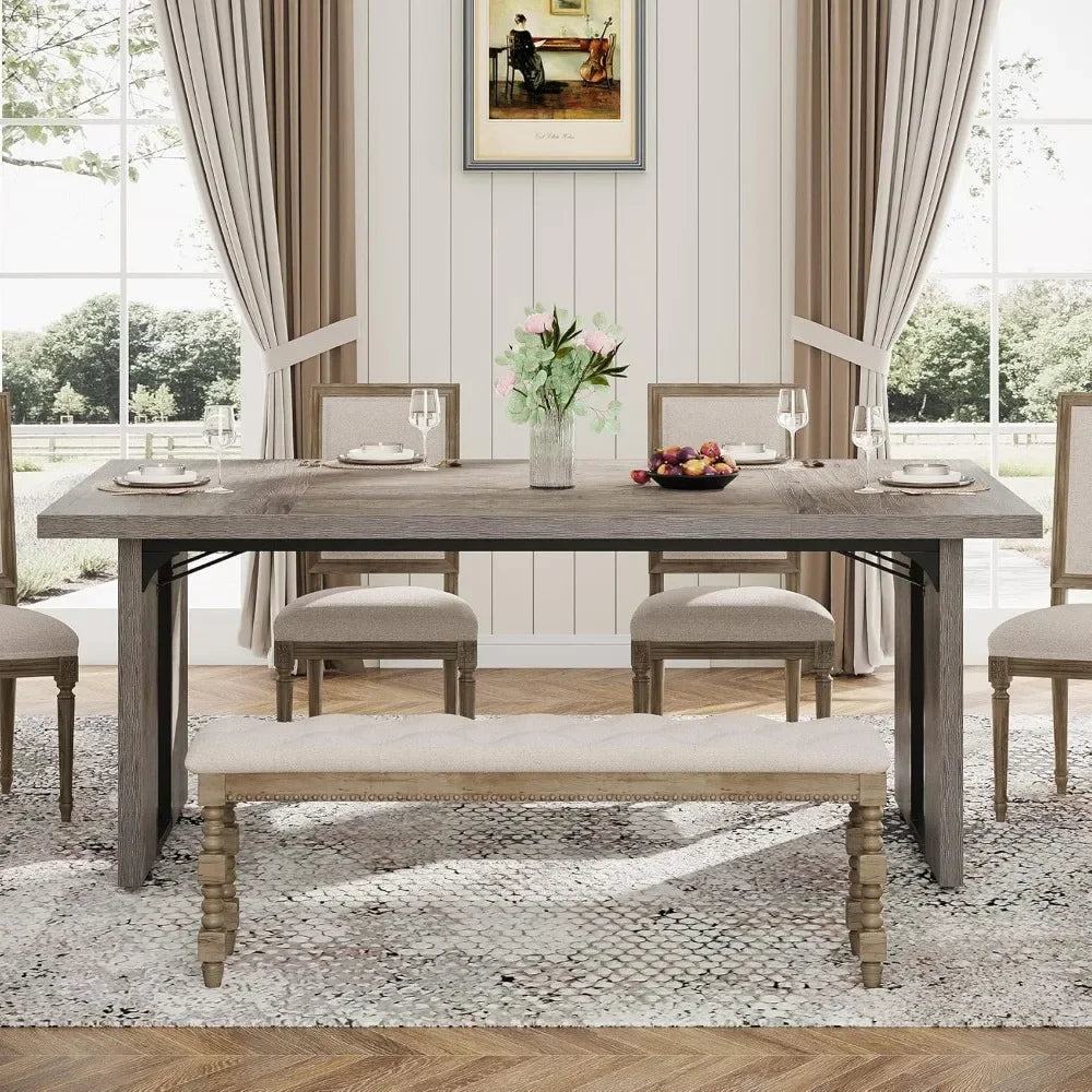 Large Dining Table for 6 to 8 People, Rustic Farmhouse Style