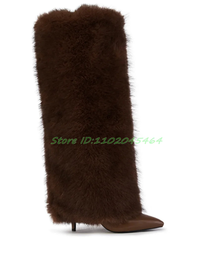 Sexy Fur Pointed Toe Knee High Boots