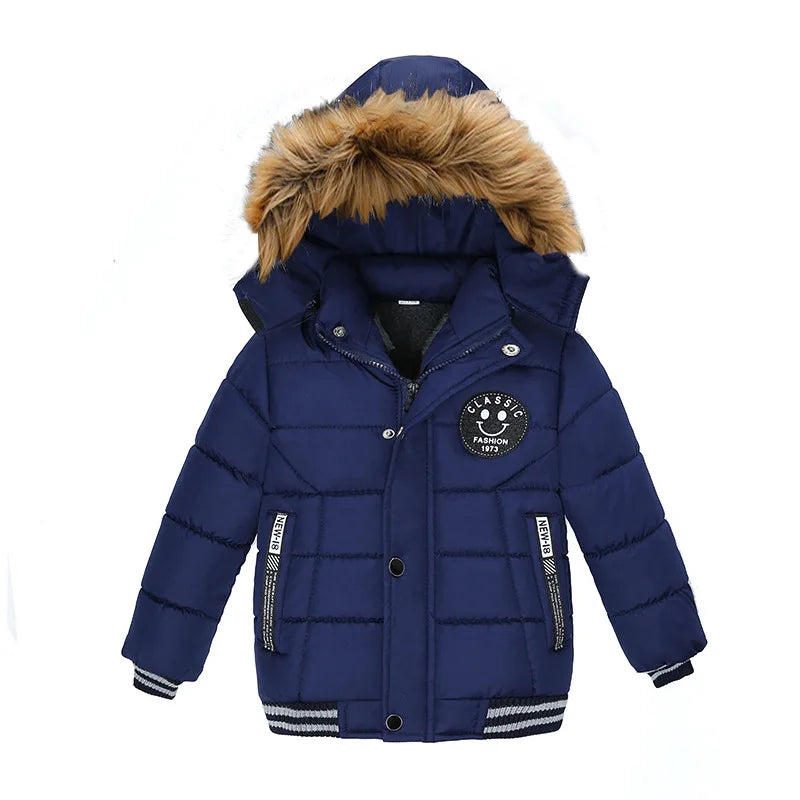 Boys Hooded Zipper Fashion Fur Collar Outerwear
