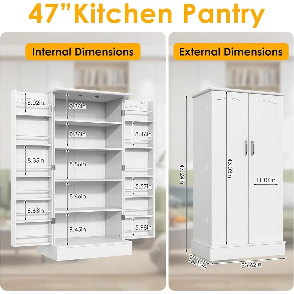 Freestanding Kitchen Pantry Cabinet with Doors and Adjustable Shelves