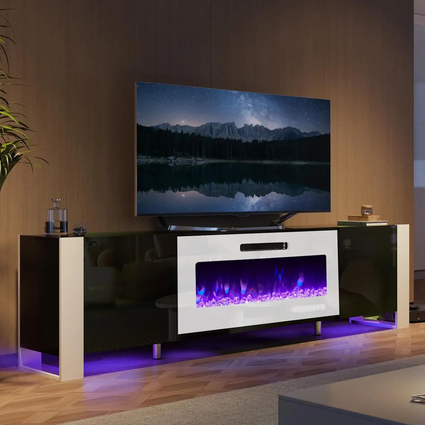 TV Stand with 40" Fireplace with High Gloss Doors & LED Lights, U-Shaped, Customized