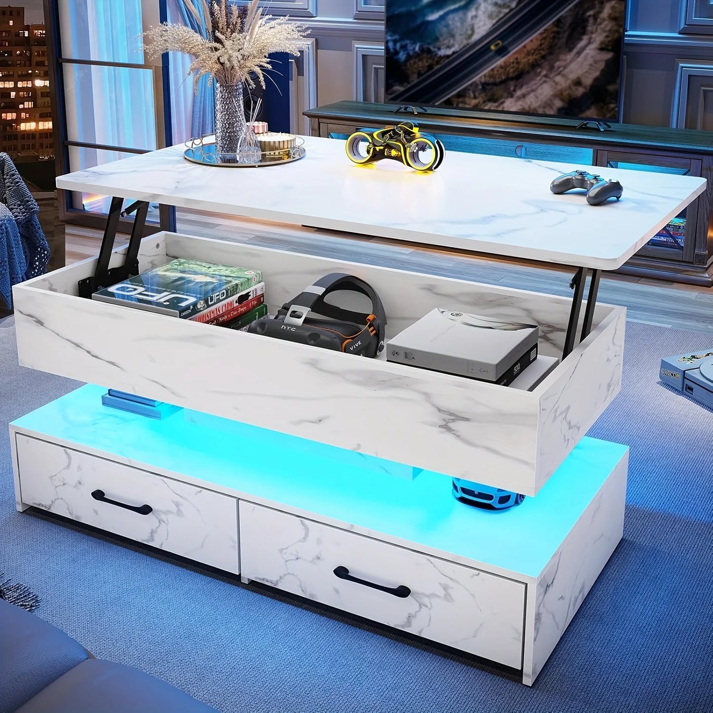 40-Inch Lift-Top Coffee Table with Two Drawers and LED Lighting