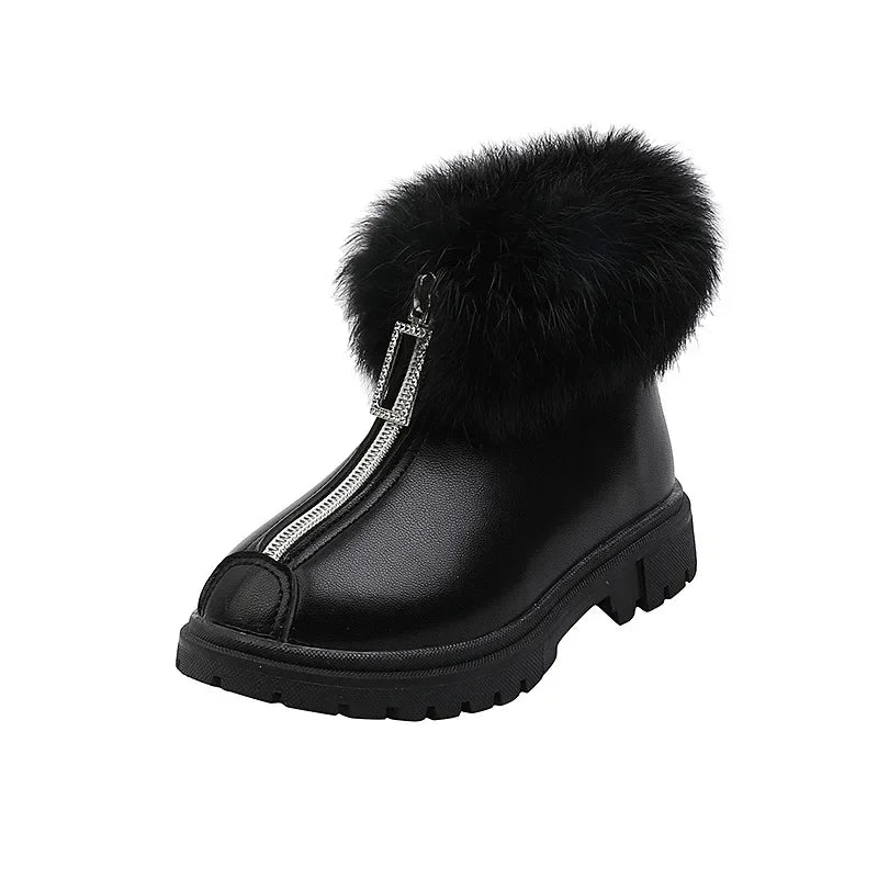 Fashion Girls Leather Zipper Plush Warm Ankle Boots