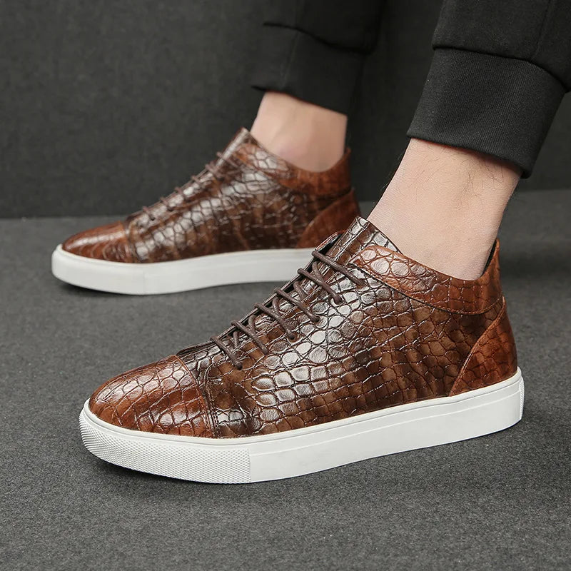 Luxury Retro Brown High Top Lace-up Crocodile Leather Sneakers