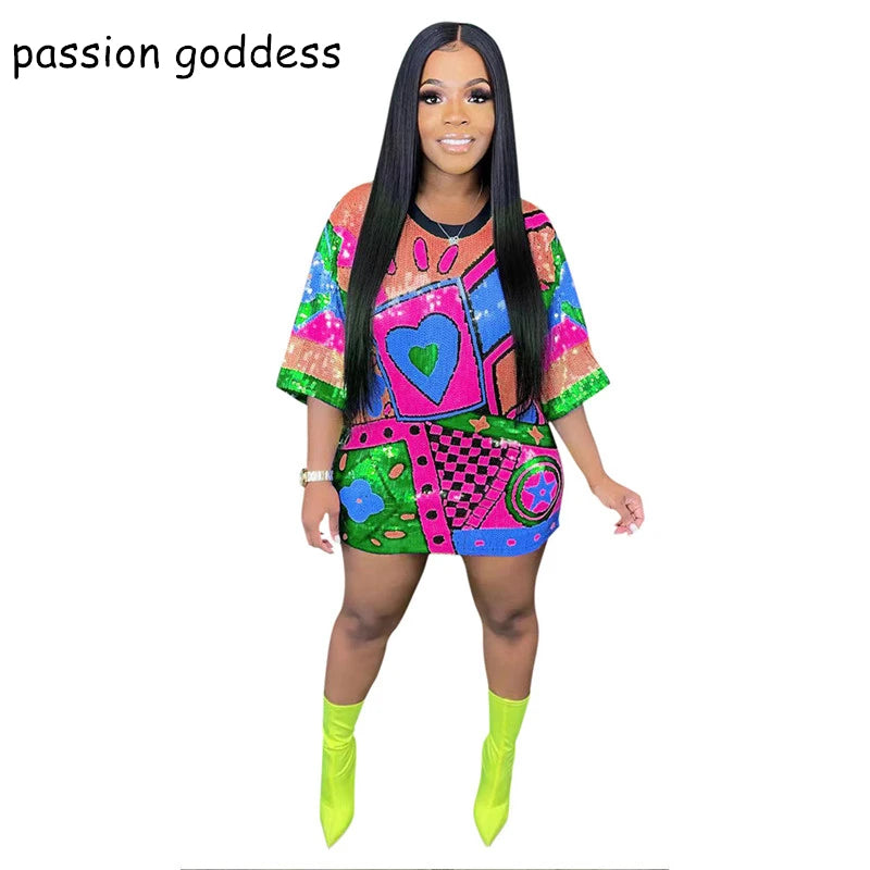 Casual Loose Letter Print Sequins Mini Dress
