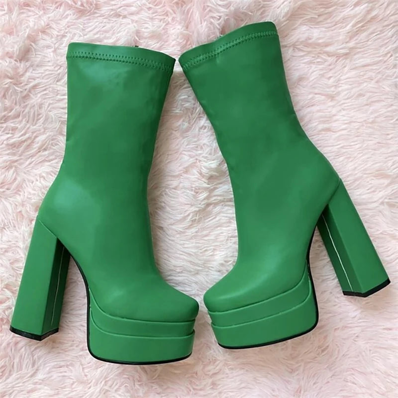 Three-Layer Waterproof Platform Square Toe Soft Mid-Boots