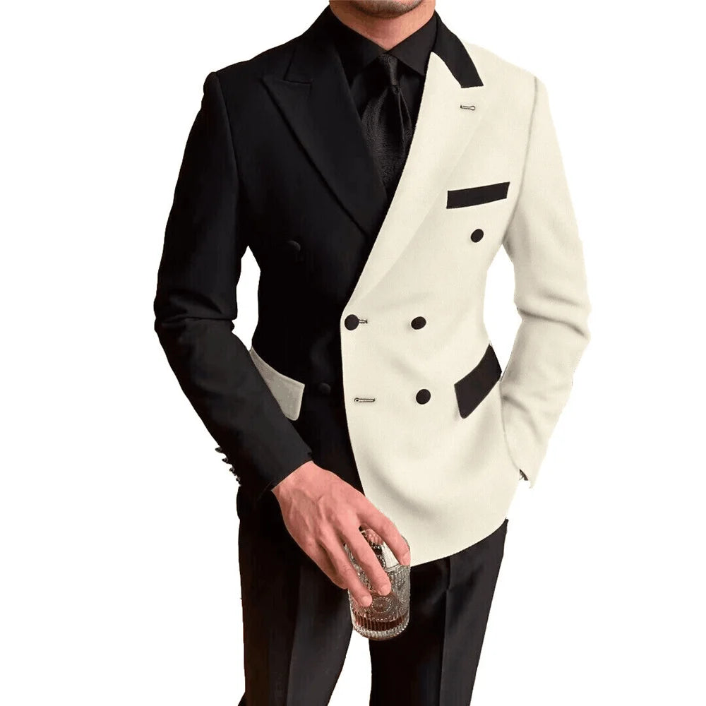 Black White Men Suit Slim Fit Peak Lapel Blazer Pants 2 Piece