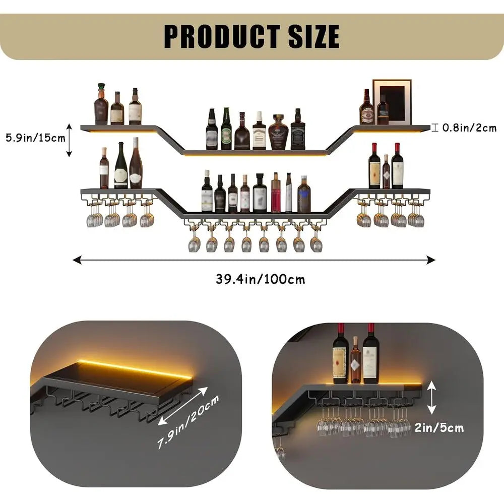 39.4in LED 3-Tier Floating Bar Shelves with Wine Glass Rack