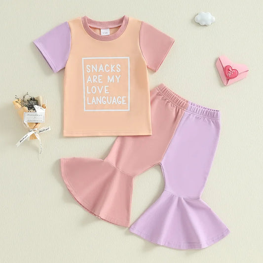 Short Sleeve Graphic Tee Colorful Flared Trousers 2Pc Set