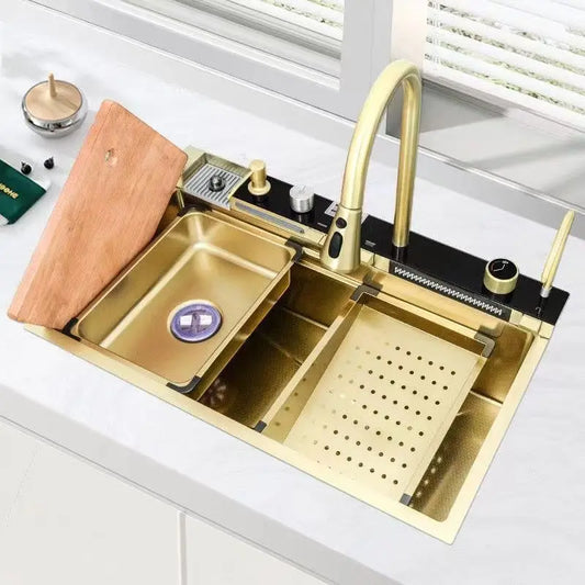 Multifunctional Kitchen Waterfall Sink Digital Display Stainless Steel