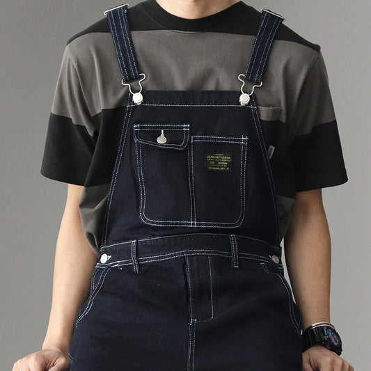 Multi-pocket Plain Striped Overalls