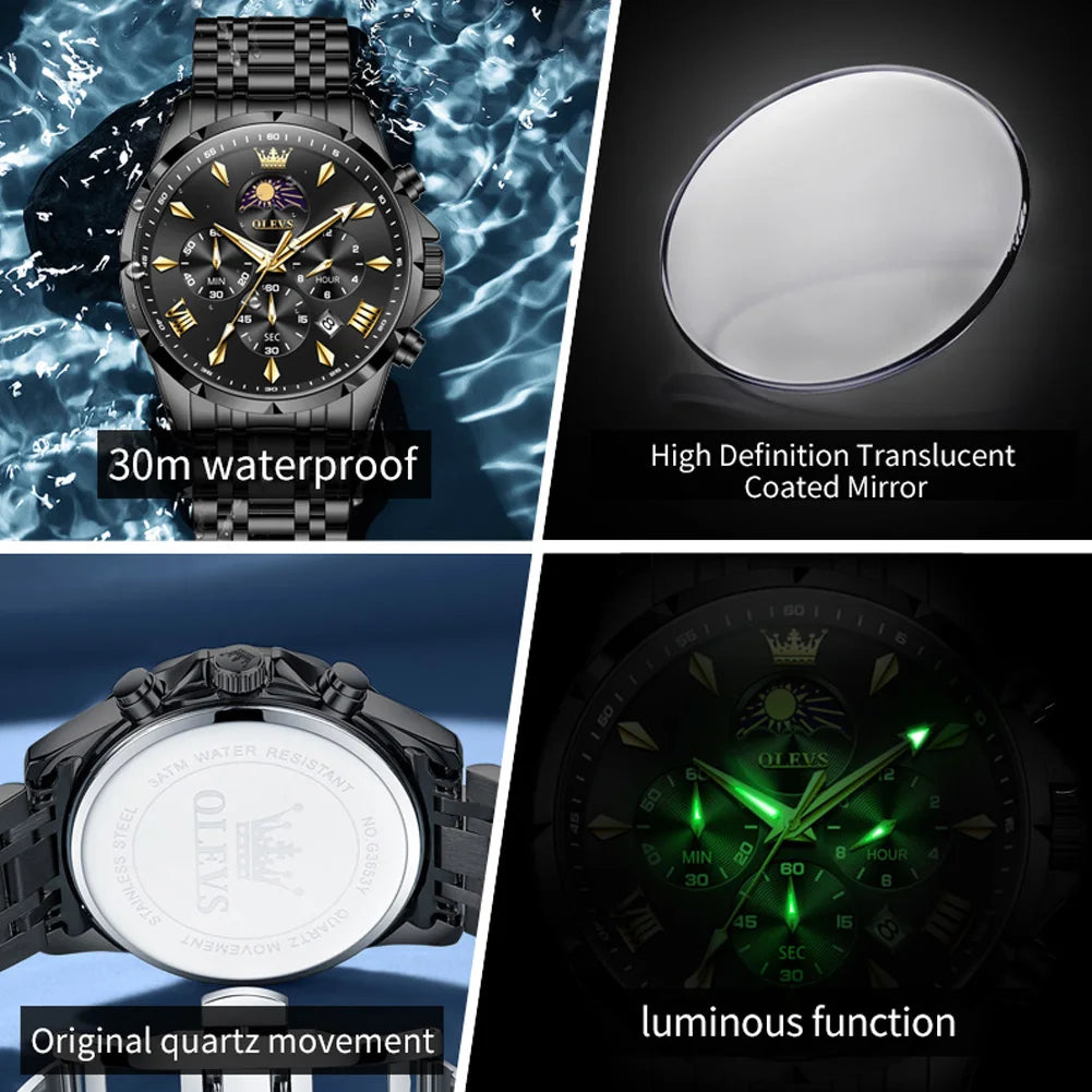 Moon Phase Chronograph Waterproof Quartz Watch
