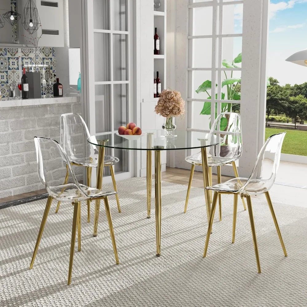 Gold Clear Round Glass Dining Table Set for 4 36''