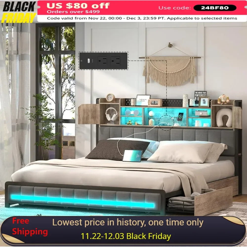 Queen Bed Frame Bookcase Headboard LED Lights W/ Charging Station