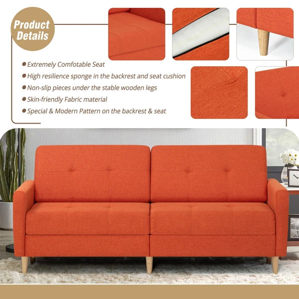 Modern Orange Linen Fabric Sofa Bed with Adjustable Backrest