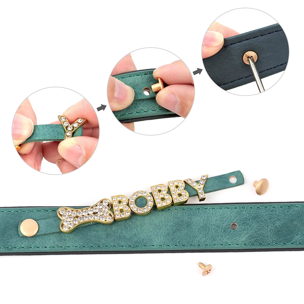Custom Leather Personalized Name Collars Bling Rhinestone Pet Necklace