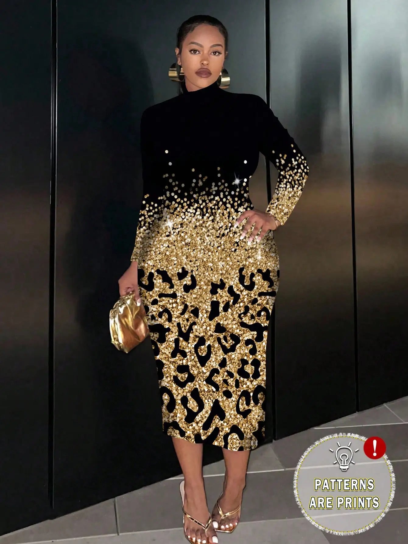 Plus Size Leopard Print Sequin Long Sleeve Dress