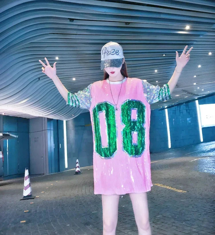Half Sleeve Baggy Sequin T Shirt Dress