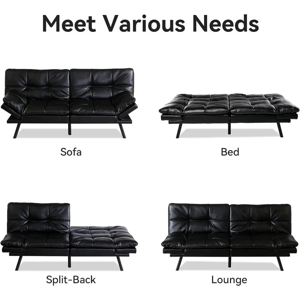 Convertible Futon Sofa Bed Memory Foam Black Leather
