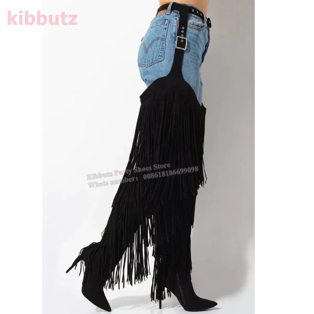 Over The Knee High Boots Tassel Fringe Belted Chaps