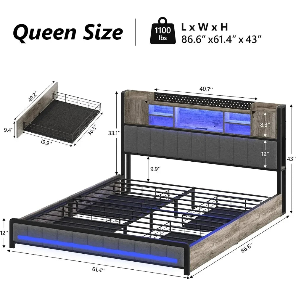 Queen Bed Frame Bookcase Headboard LED Lights W/ Charging Station
