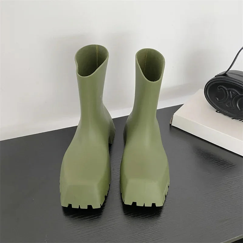 Waterproof Non-slip Short Boot Square Toe Soft Leather