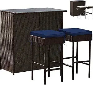 3 Piece Outdoor Rattan Wicker Bar Set with 2 Cushions Stools