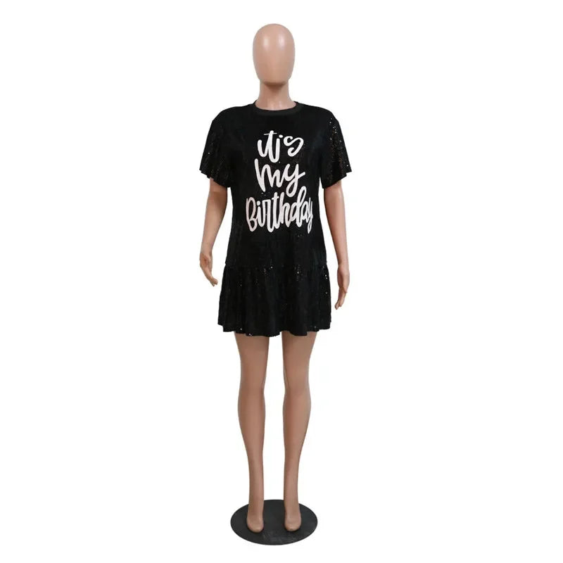 Short Sleeve Letter Sequins Shiny Casual T Shirt Dress