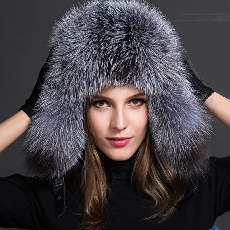 Women Fashion Bomber Pom Pom Real Fox Fur Cap