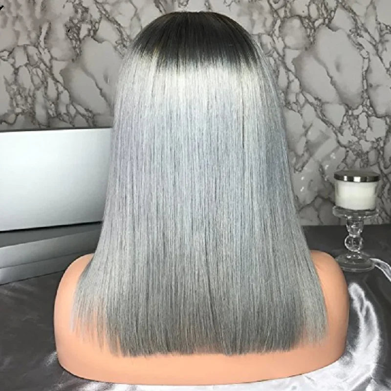 Gray Human Hair Short Straight Bob 14inch 13×4 Frontal Transparent Wig