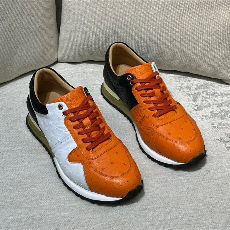 Authentic Real Ostrich Skin Mixed Orange Lace-up Sneakers