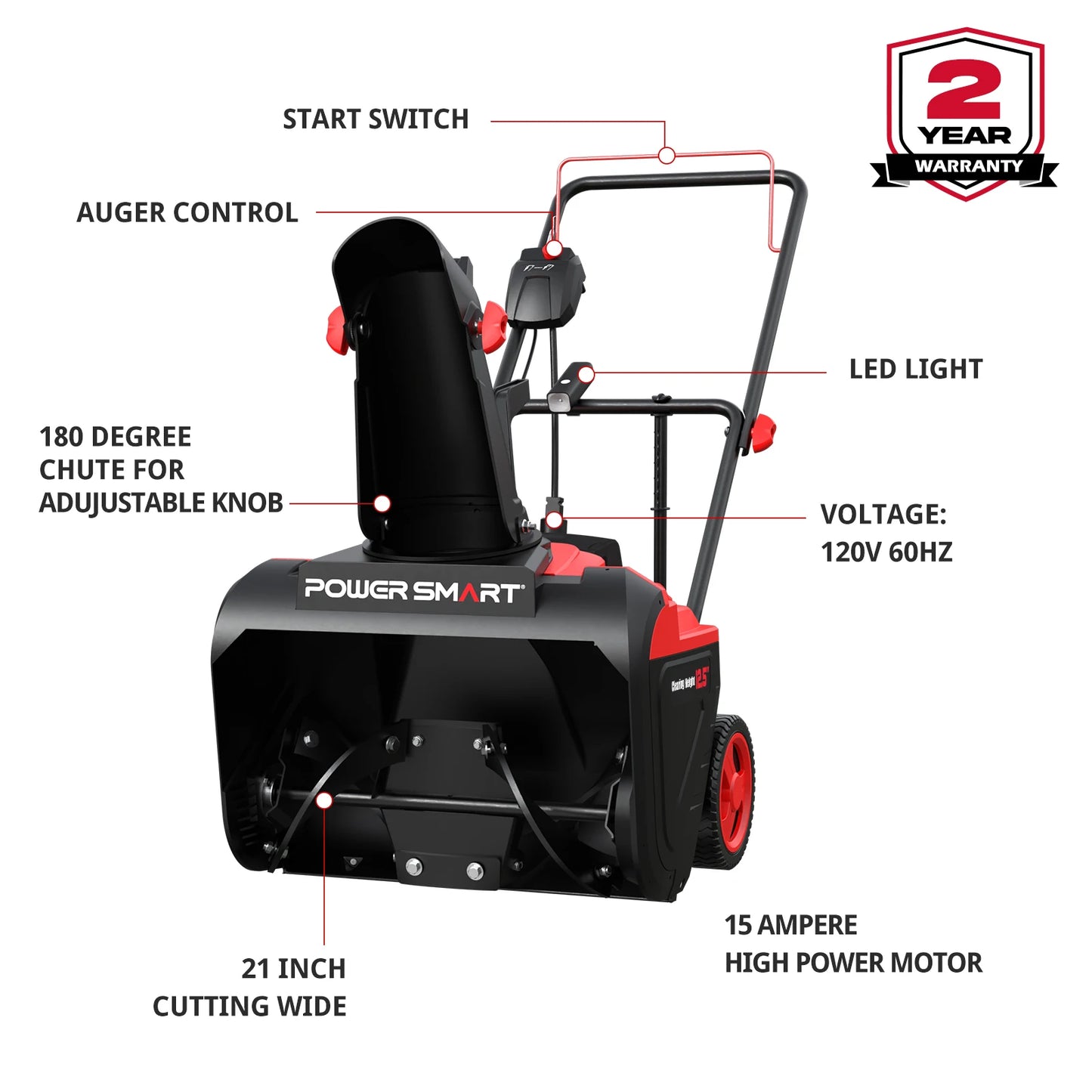 21" Snow Blower with 180° Chute 30ft Throw Distance