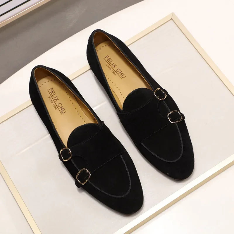 Classic Suede Leather Loafers Slip-On Dress Shoes Monk Strap