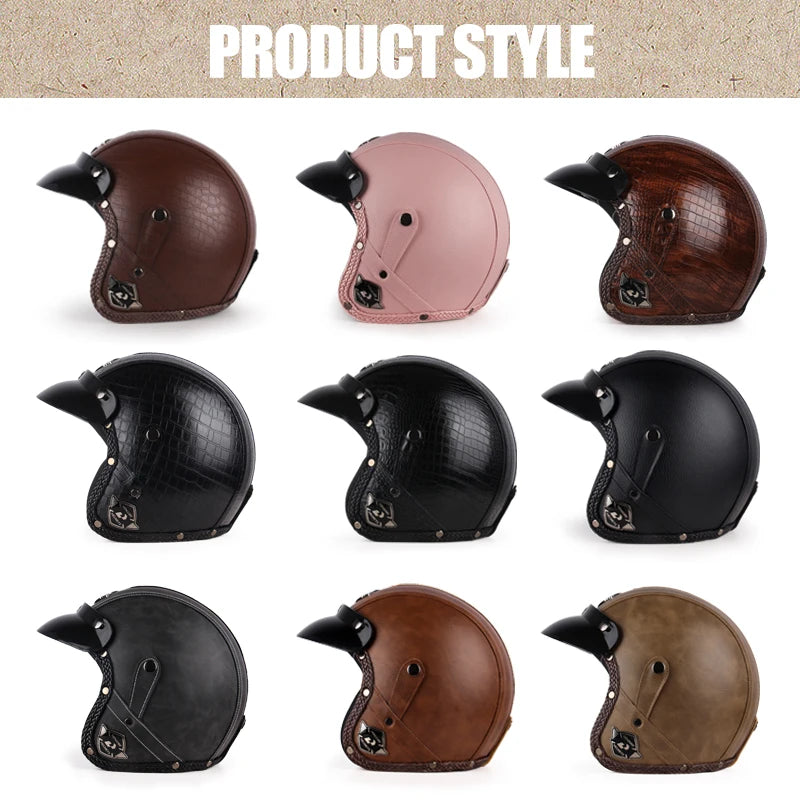 Uchoose Leather Retro Motorcycle Helmet Open Face